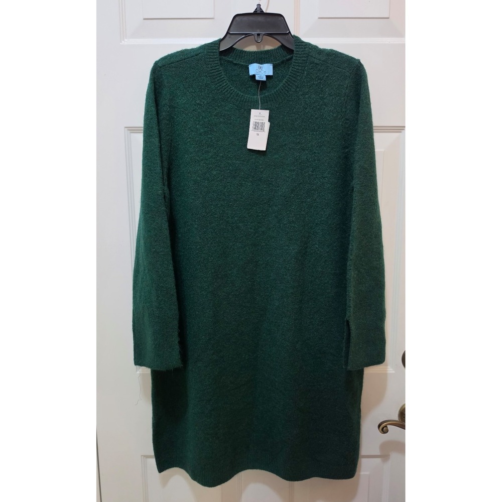 NWT CeCe Forest Green Ribbed Crewneck Long Sleeve Sweater Dress DC93773CS Medium